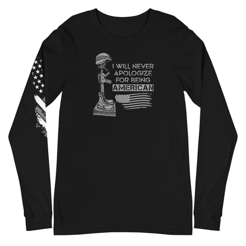 I Will Never Apologize For Being American Unisex Long Sleeve Tee - Mainstream Freedom