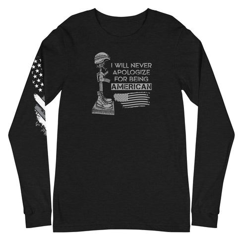 I Will Never Apologize For Being American Unisex Long Sleeve Tee - Mainstream Freedom