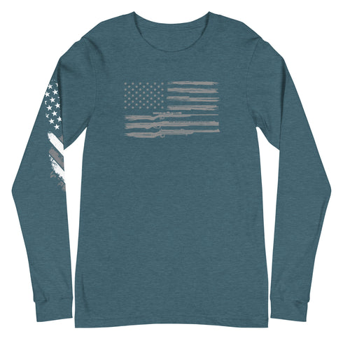 Grunge American Flag with Guns Unisex Long Sleeve Tee - Mainstream Freedom
