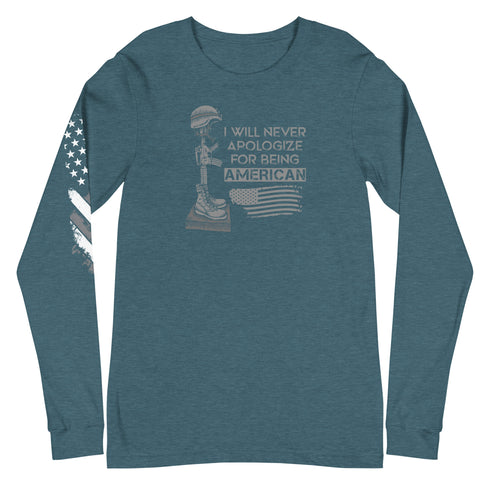 I Will Never Apologize For Being American Unisex Long Sleeve Tee - Mainstream Freedom