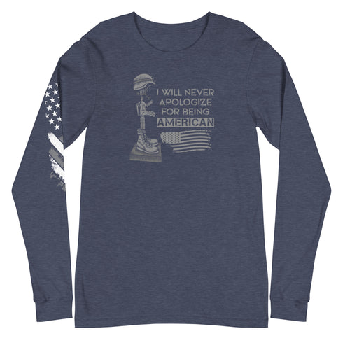 I Will Never Apologize For Being American Unisex Long Sleeve Tee - Mainstream Freedom