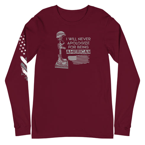 I Will Never Apologize For Being American Unisex Long Sleeve Tee - Mainstream Freedom