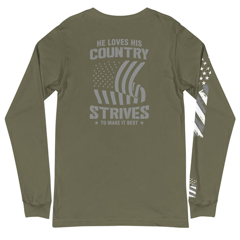 He Loves His Country Strives To Make It Best Unisex Long Sleeve Tee (Back Design) - Mainstream Freedom