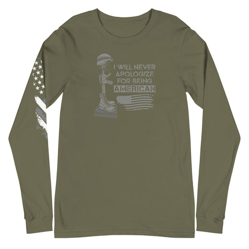 I Will Never Apologize For Being American Unisex Long Sleeve Tee - Mainstream Freedom