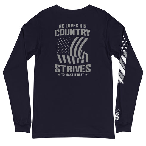 He Loves His Country Strives To Make It Best Unisex Long Sleeve Tee (Back Design) - Mainstream Freedom