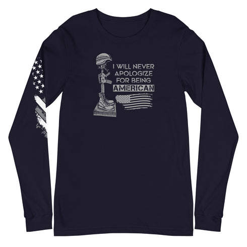 I Will Never Apologize For Being American Unisex Long Sleeve Tee - Mainstream Freedom