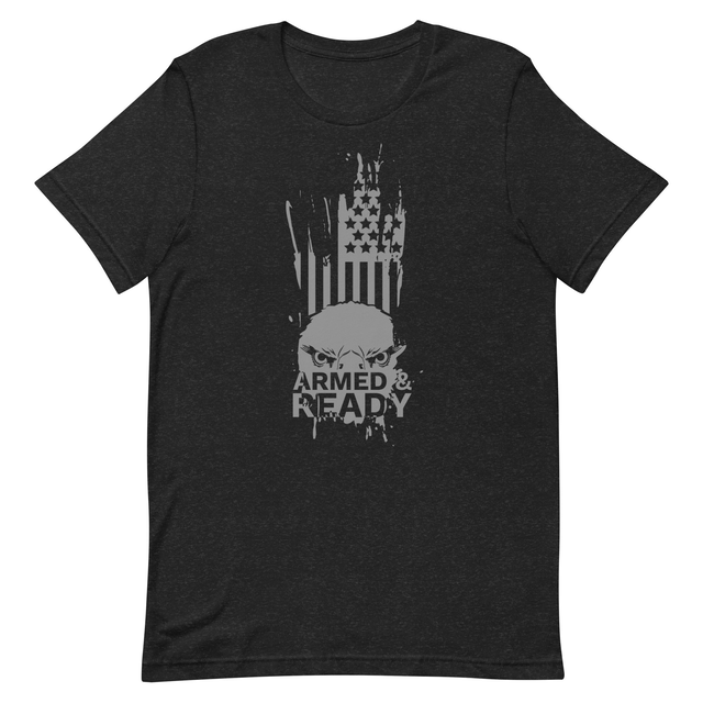 Grey Armed & Ready t-shirt, black heather colorway gallery photo