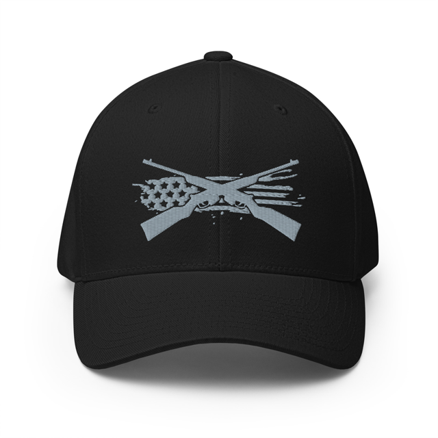 Freedom's Crossfire Grey Embroidered Cap in Black colorway, product mockup