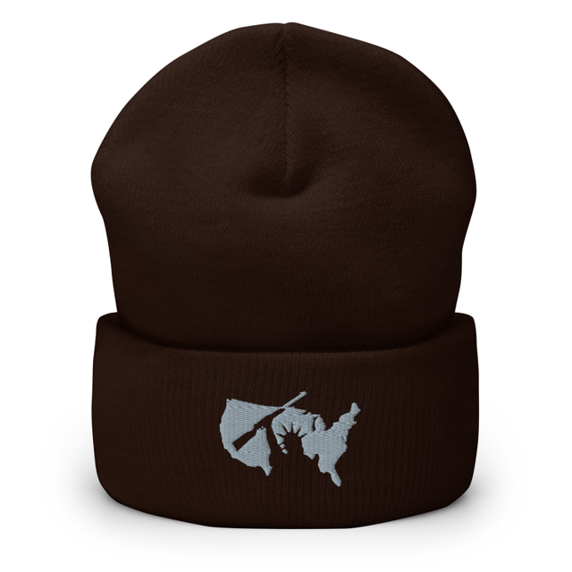 Liberty Within Grey Embroidered Beanie in Brown colorway, product mockup