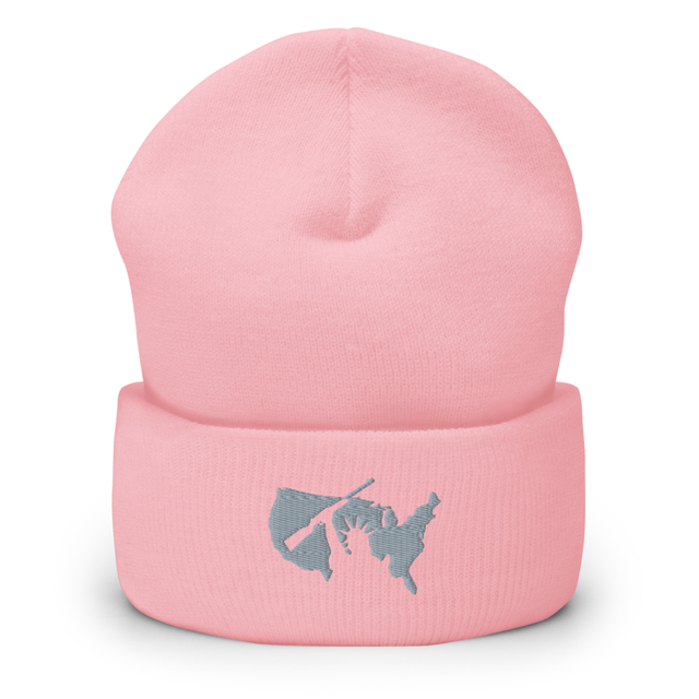 Liberty Within Grey Embroidered Beanie in Baby Pink colorway, product mockup