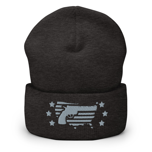 American Armed Grey Embroidered Beanie in Dark Grey colorway, product mockup
