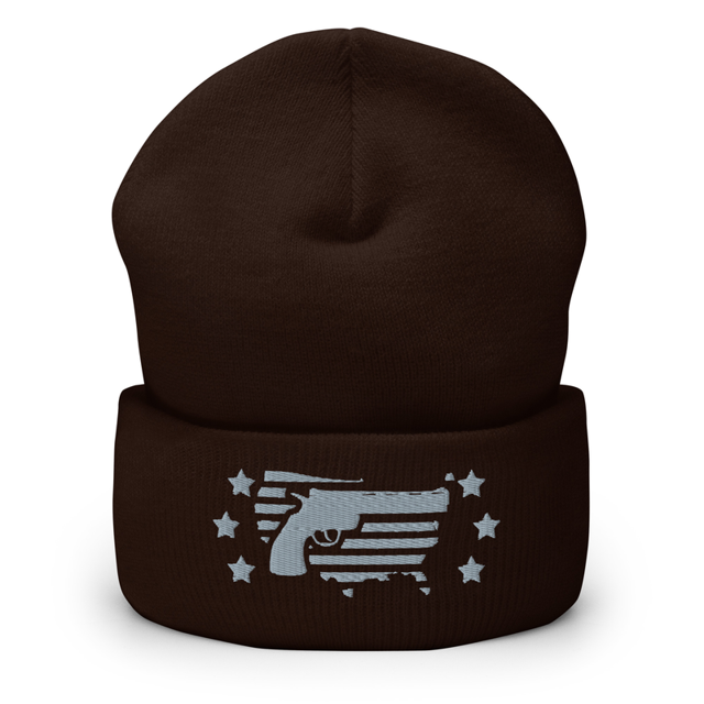 American Armed Grey Embroidered Beanie in Brown colorway, product mockup
