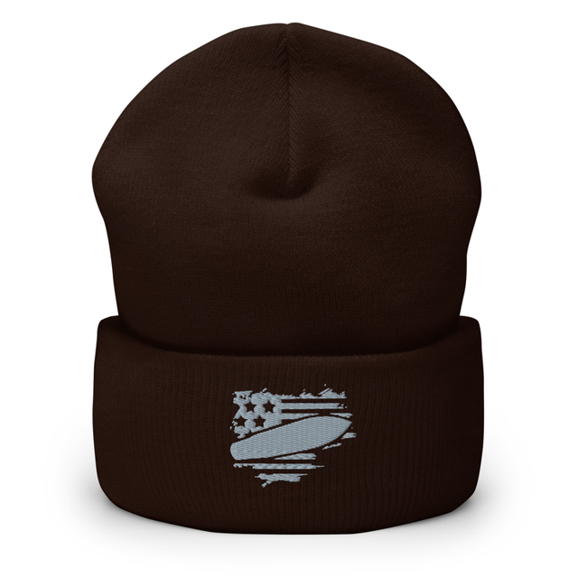 Patriot's Edge Grey Embroidered Beanie in Brown colorway, product mockup
