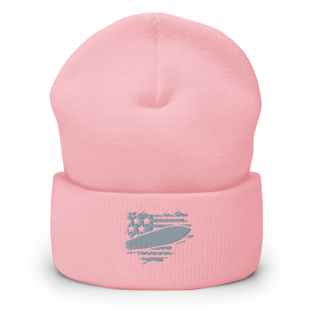 Patriot's Edge Grey Embroidered Beanie in Baby Pink colorway, product mockup