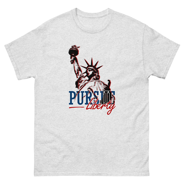 Pursue Liberty Unisex T-Shirt in Ash colorway, product mockup