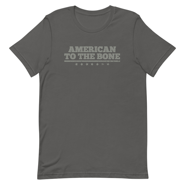 American to the bone t-shirt in Asphalt, product mockup