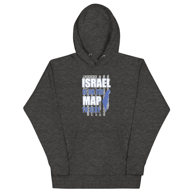 Israel Is On The Map To Stay hoodie in Charcoal Heather colorway, product mockup