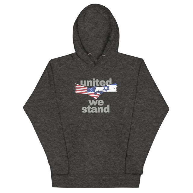 United We Stand Israel and America hoodie in Charcoal Heather colorway, product mockup