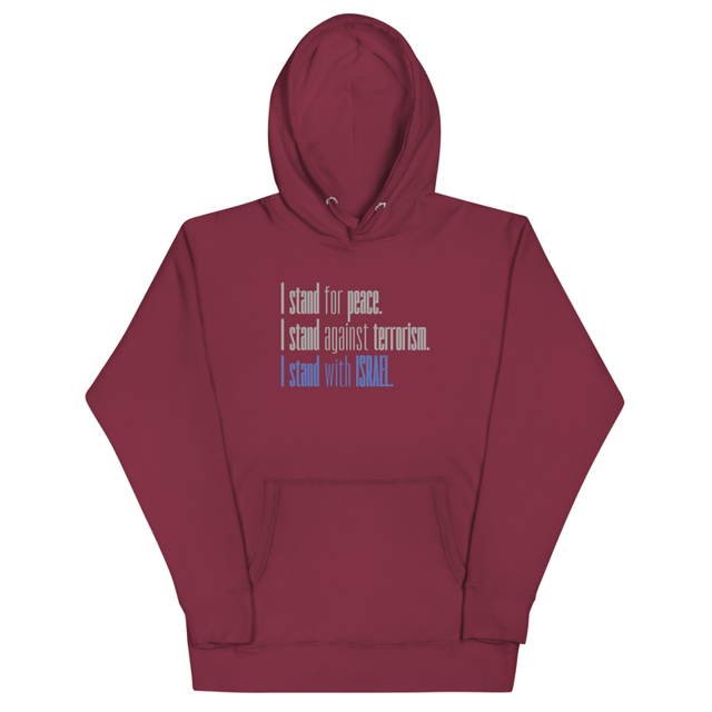 I stand for Peace, I stand against Terrorism, I stand with Israel hoodie in Maroon colorway, product mockup