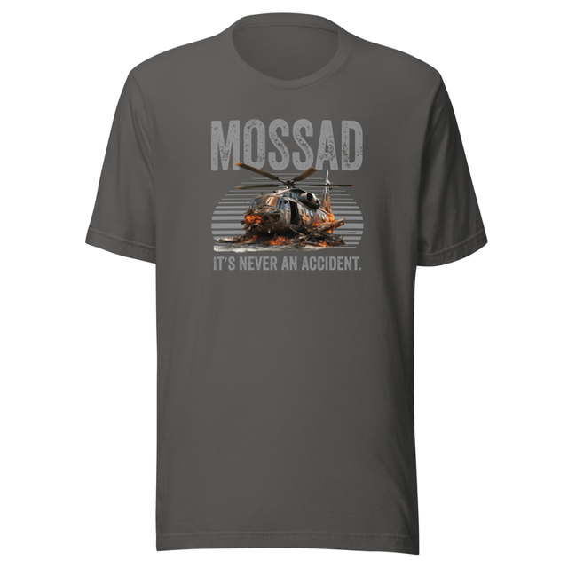 Mossad It's Never An Accident t-shirt in Asphalt colorway, product mockup