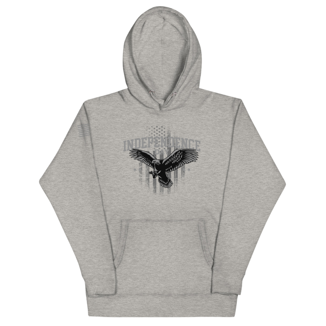 Independence Day rugged American flag hoodie in Carbon Grey colorway, product mockup