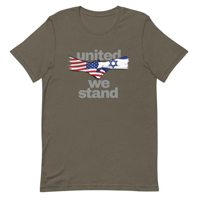 United We Stand Israel and America t-shirt in army green, product mockup