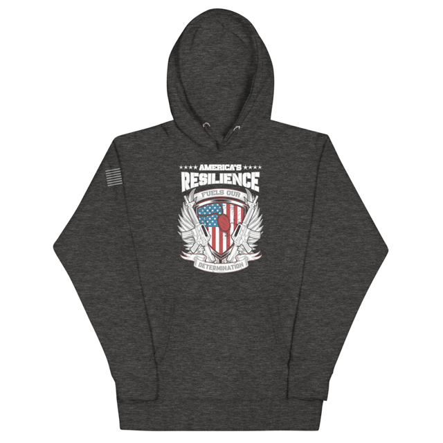 America's Resilience Fuels Our Determination hoodie in charcoal heather, product mockup