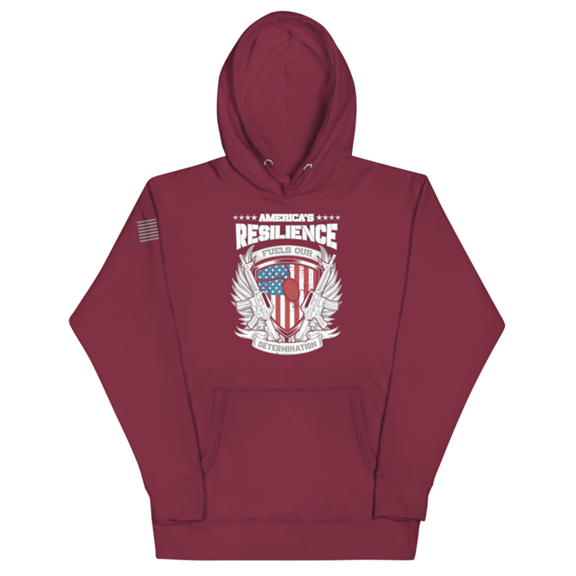 America's Resilience Fuels Our Determination hoodie in maroon, product mockup