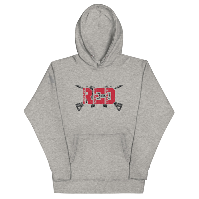Remember Everyone Deployed hoodie in carbon grey, product mockup