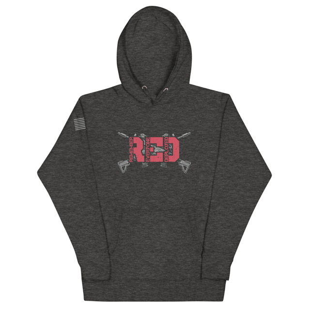 Remember Everyone Deployed hoodie in charcoal heather, product mockup