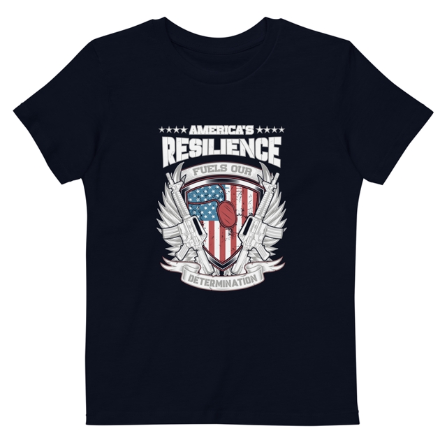 America's Resilience Fuels Our Determination kids t-shirt in French navy, product mockup