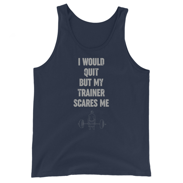 I Would Quit But My Trainer Scares Me Men's Tank Top in Navy, product mockup