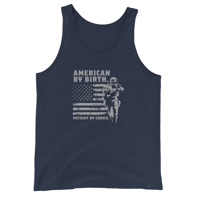 American By Birth, Patriot By Choice tank top in Navy colorway, product mockup