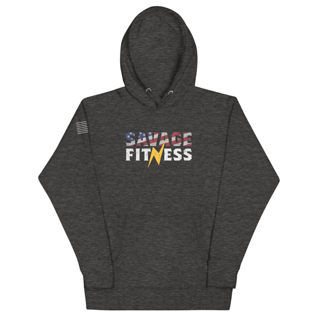 Savage Fitness Unisex Hoodie in Charcoal Heather, product mockup