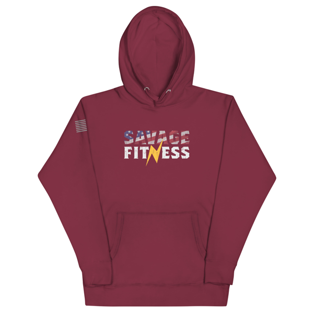 Savage Fitness Unisex Hoodie in Maroon, product mockup