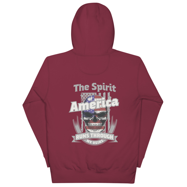 The Spirit of America Runs Through My Veins Unisex Hoodie (Back Design) in Maroon, product mockup