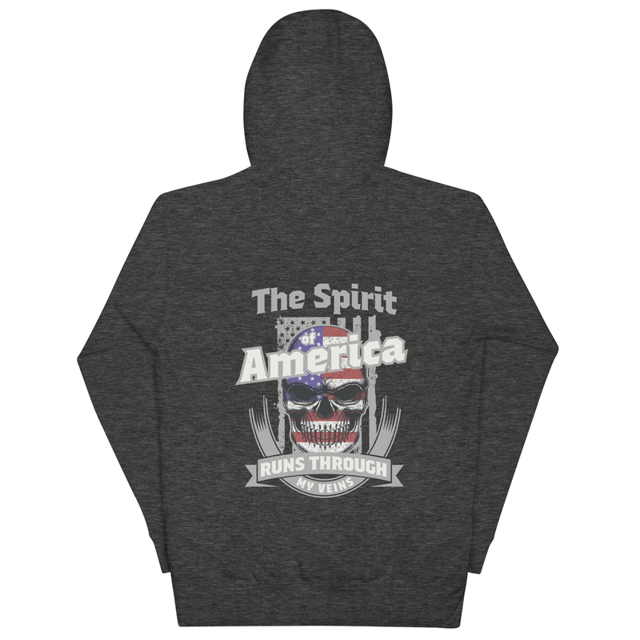 The Spirit of America Runs Through My Veins Unisex Hoodie (Back Design) in Charcoal Heather, product mockup