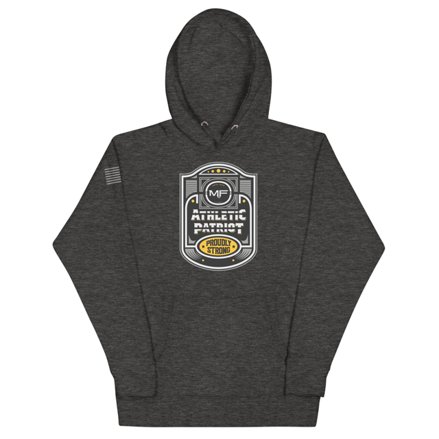 Athletic Patriot Proudly Strong Unisex Hoodie in Charcoal Heather, product mockup