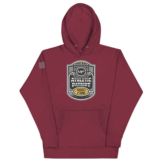 Athletic Patriot Proudly Strong Unisex Hoodie in Maroon, product mockup