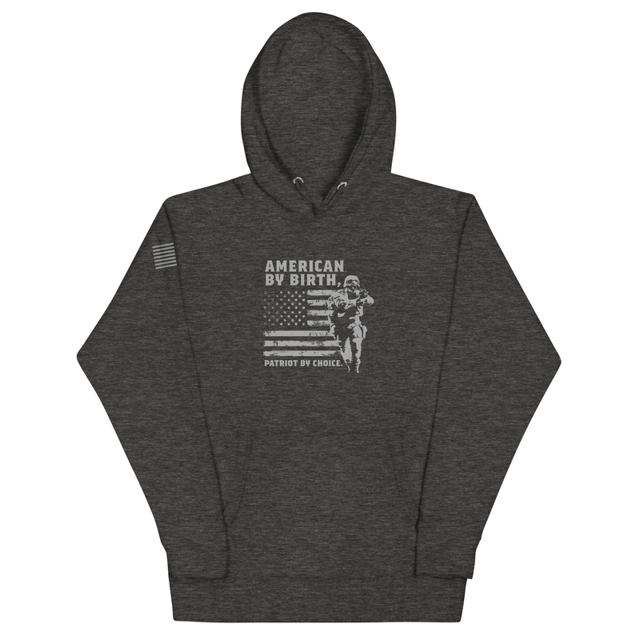 American By Birth, Patriot By Choice Unisex Hoodie in Charcoal Heather, product mockup