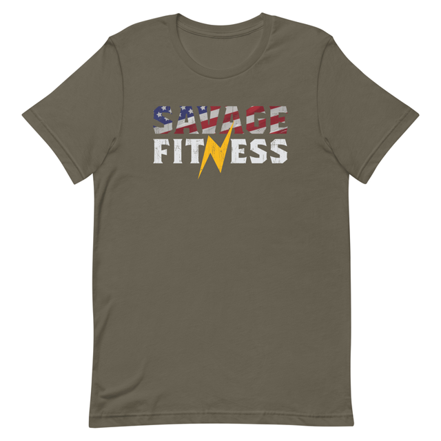 Savage Fitness t-shirt in Army, product mockup
