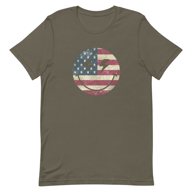 Patriot Smiley t-shirt in Army colorway, product mockup