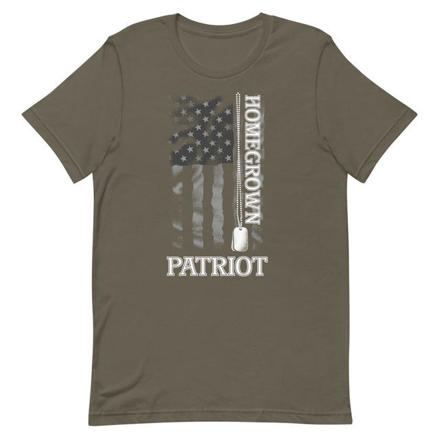 Homegrown Patriot t-shirt in Army colorway, product mockup
