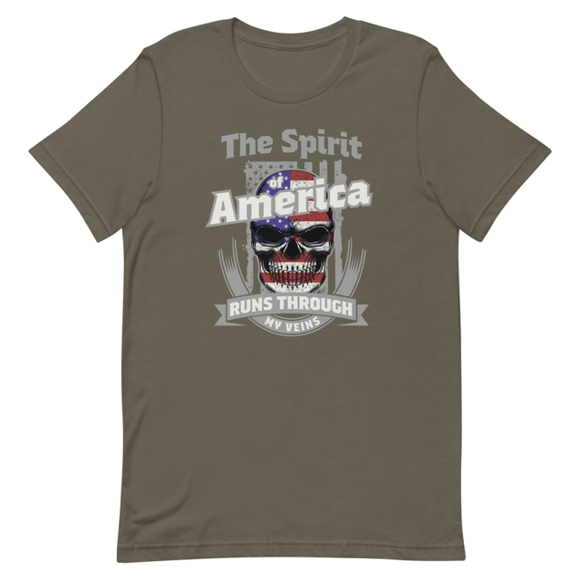 The Spirit of America Runs Through My Veins t-shirt in Army colorway, product mockup