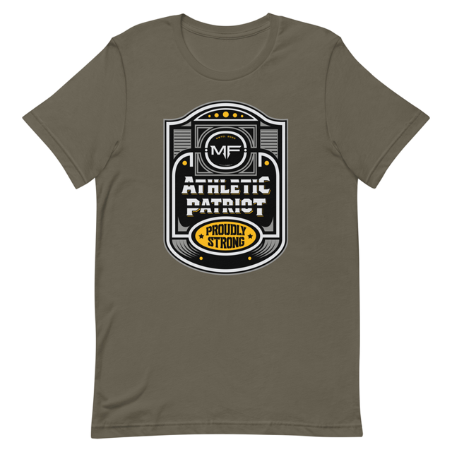 Athletic Patriot Proudly Strong t-shirt in Army colorway, product mockup