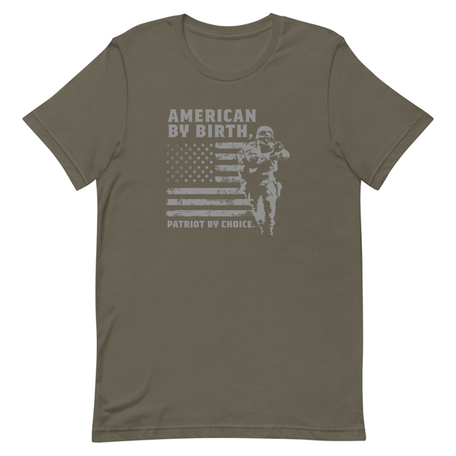 American By Birth, Patriot By Choice t-shirt in Army colorway, product mockup