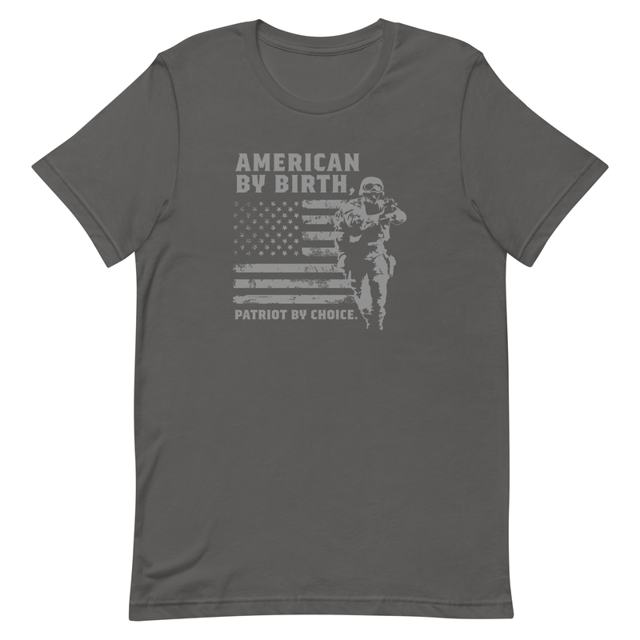 American By Birth, Patriot By Choice t-shirt in Asphalt colorway, product mockup