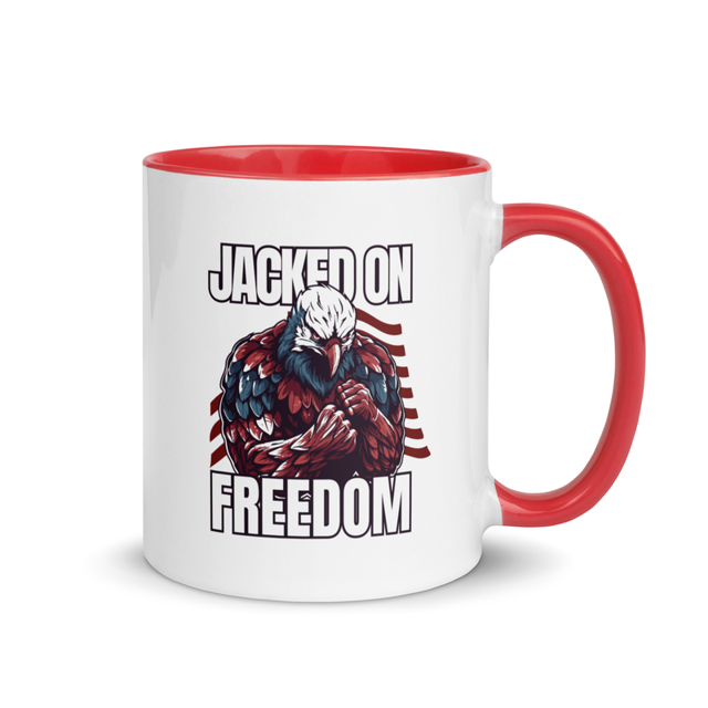 Jacked On Freedom mug with color inside, red colorway, product mockup