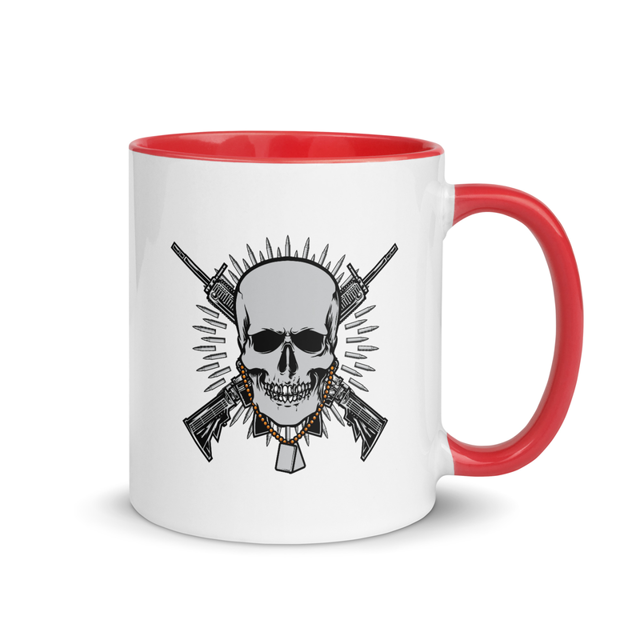 Skull with Guns and Bullets mug with color inside, red colorway, product mockup
