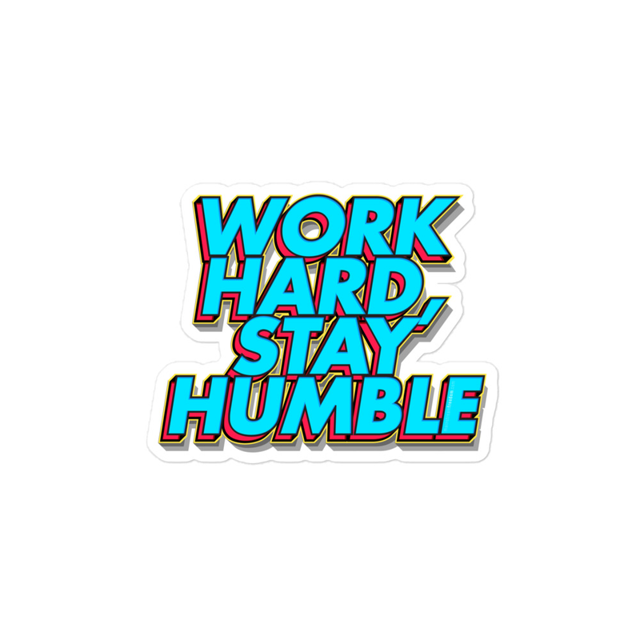 Work Hard, Stay Humble sticker in white, product mockup